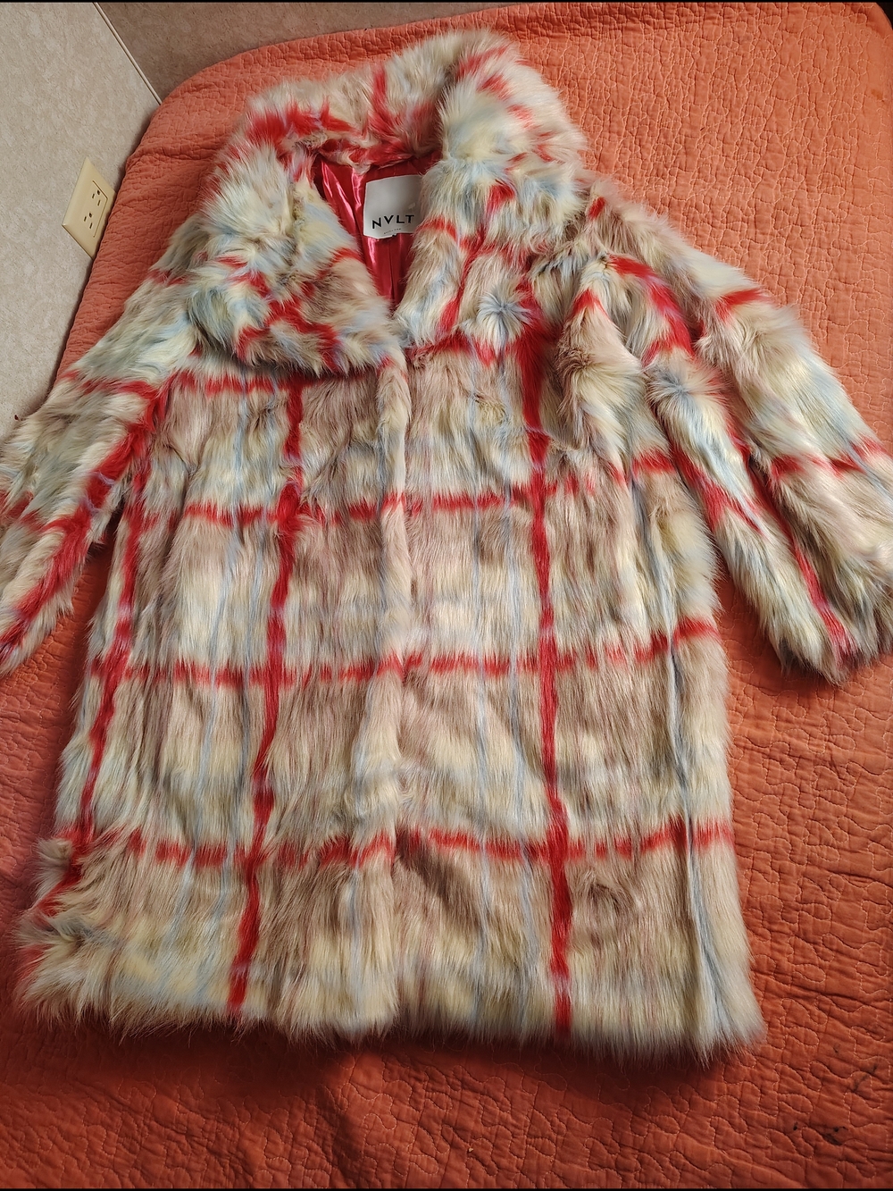 NVLT Girls Faux Fur Plaid Pea Coat in Cream, Red & Tan